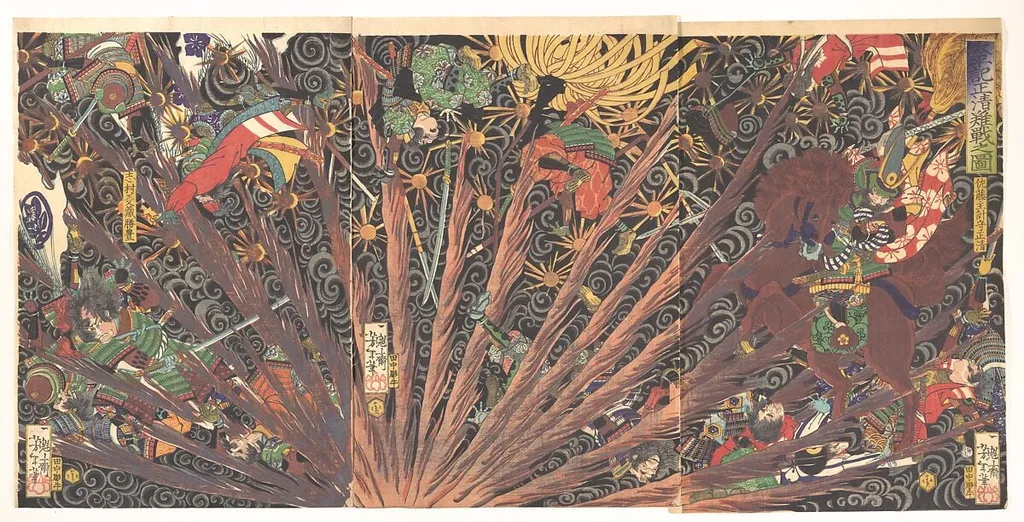 太平記正清難戦之図|Masakiyo's Challenging Battle, from the series Taiheiki (Taiheiki, Masakiyo nansen no zu), by Yoshitoshi, ink, 1866