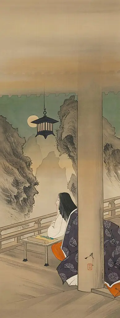 Murasaki Shikibu at Ishiyamadera Temple, based on the print “The Moon at Ishiyama,” from the series One Hundred Aspects of the Moon (Tsuki hyakushi: Ishiyama no tsuki), by Yoshitoshi