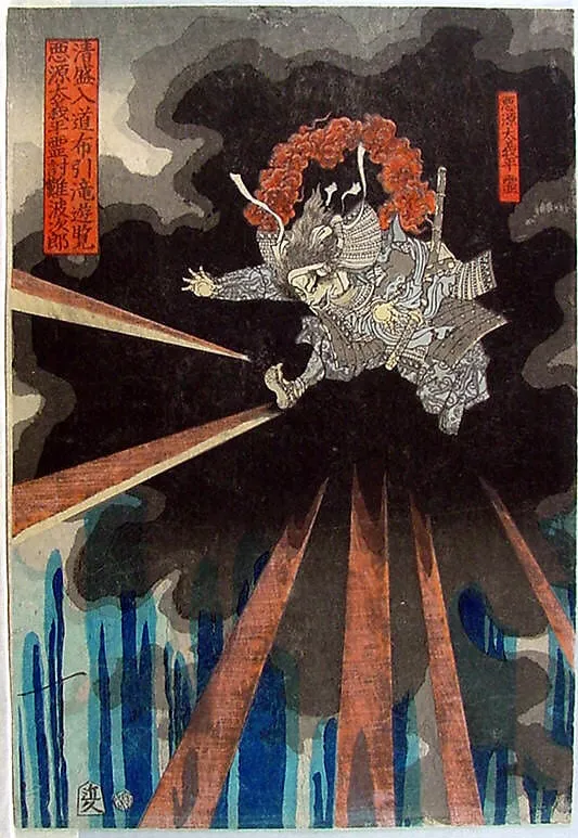 月岡芳年画 「清盛入道布引滝遊覧 悪源太義平霊討難波次郎」|The Spirit of Akugenta Yoshihira Strikes Nanba Jirō during Kiyomori’s Visit to Nunobiki Waterfall, by Yoshitoshi, ink, 1868