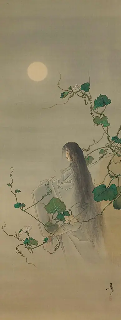 The Spirit of the Deceased Yūgao Entwined in Moonflower Vines, based on the print “The Lady of the Evening Faces,” from the series One Hundred Aspects of the Moon (Tsuki hyakushi: Genji Yūgao no maki), by Yoshitoshi