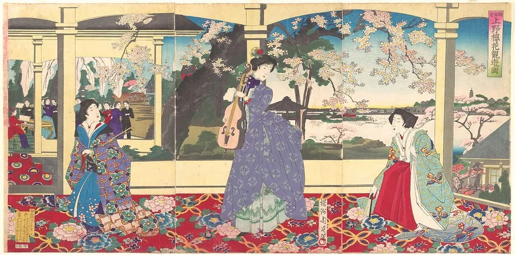 『踏舞会 上野桜花観 遊ノ図』|A Dance Party: Enjoying Cherry Blossom Viewing at Ueno (Tōbukai Ueno ōka yūran no zu), by Yōshū (Hashimoto) Chikanobu, ink, 1887