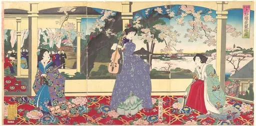 『踏舞会 上野桜花観 遊ノ図』|A Dance Party: Enjoying Cherry Blossom Viewing at Ueno (Tōbukai Ueno ōka yūran no zu), by Yōshū (Hashimoto) Chikanobu