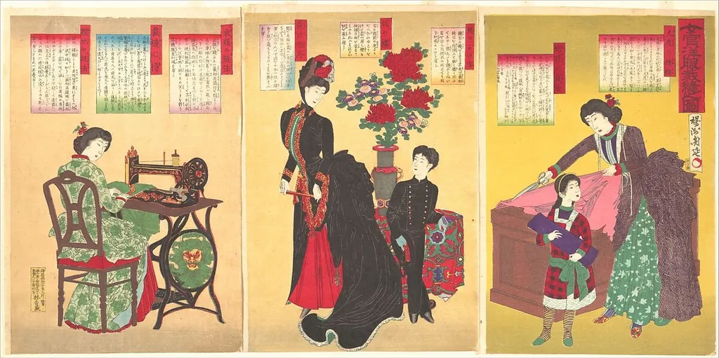 楊洲周延画 『女官洋服裁縫之図』|Court Ladies Sewing Western Clothing (Jokan yōfuku saihō no zu), by Yōshū (Hashimoto) Chikanobu, ink, 23