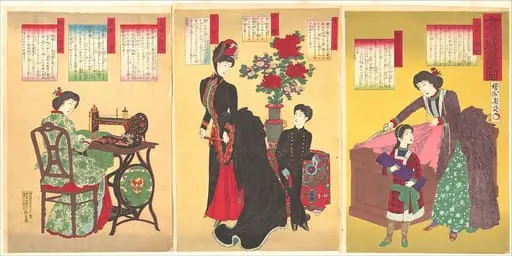 楊洲周延画　『女官洋服裁縫之図』|Court Ladies Sewing Western Clothing  (Jokan yōfuku saihō no zu), by Yōshū (Hashimoto) Chikanobu