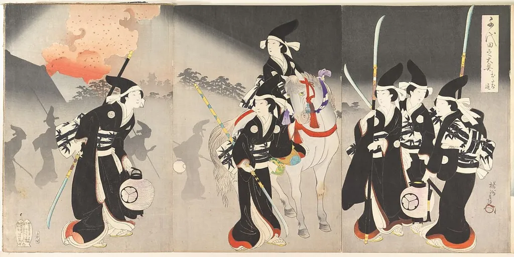 楊洲周延画 「千代田之大奥 おたち退」|“Evacuation of the Ladies,” from the series The Inner Precincts of Chiyoda Castle (Chiyoda no Ōoku, Otachinoki), by Yōshū (Hashimoto) Chikanobu, ink, 1896