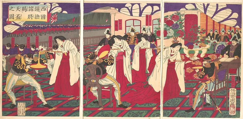 西国鎮静撫諸将天杯賜之図|Illustration of the Commanders who Pacified Western Japan, Receiving the Emperor's Gift Cups (Saigoku chinbu shoshō tenpai o tamau no zu), by Yōshū (Hashimoto) Chikanobu, ink, 1877
