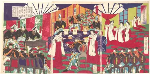 西国諸将鎮静天杯賜ル之図|Illustration of the Commanders who Pacified Western Japan, Receiving the Emperor's Gift Cups (Saigoku chinsei shoshō tenpai o tamawaru no zu), by Yōshū (Hashimoto) Chikanobu