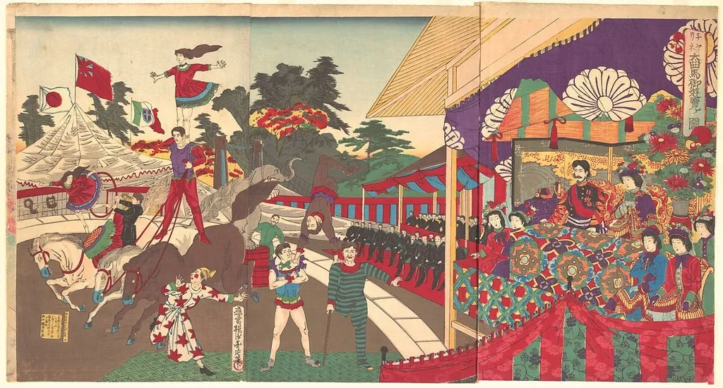 チャリネ大曲馬御遊覧ノ図|Illustration of the Imperial Excursion to see the Charini's Circus (Charine daikyokuba goyūran no zu), by Yōshū (Hashimoto) Chikanobu, ink, 1886