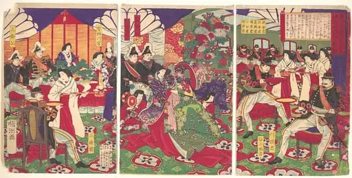『鹿児島賊徒鎮静依諸将 天杯頂戴之図』|Leaders of the Pacification of the Kagoshima Rebels Celebrating with Cups of Wine from the Emperor (Kagoshima zokuto chinsei ni yotte shoshō tenhai chōdai no zu), by Yōshū (Hashimoto) Chikanobu