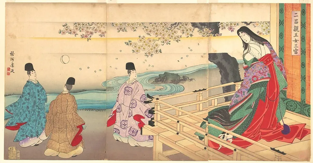 二品親王女三宮|The Third Princess and Kashiwagi, from Chapter 34, “New Herbs I (Wakana I)” (Nihon shinnō onna sannomiya), by Yōshū (Hashimoto) Chikanobu, ink, 1890
