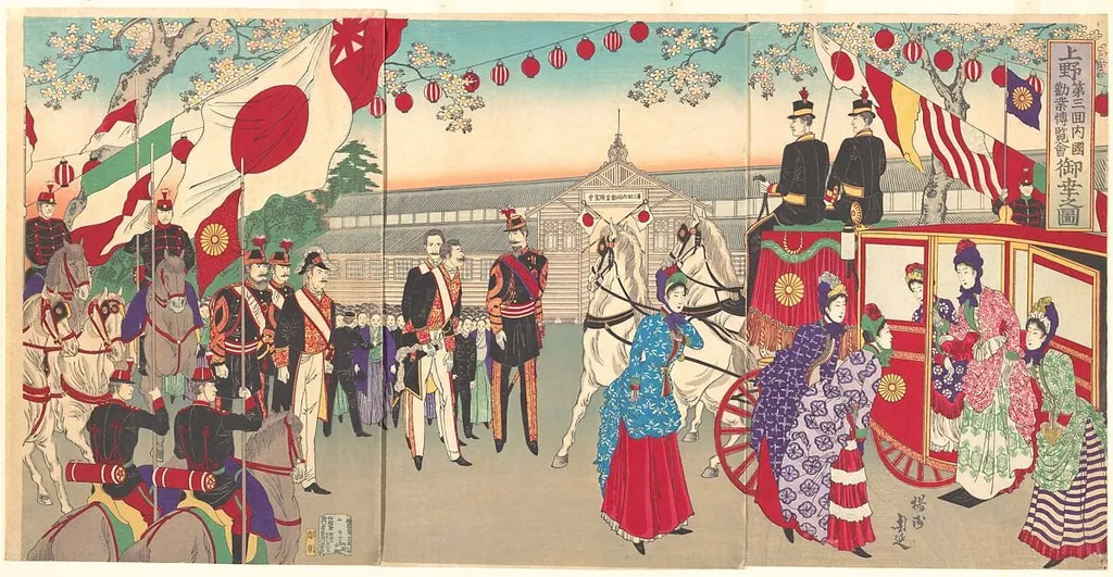 『上野第三回内国勧業 博覧会御幸之図』|Visit of the Empress to the Third National Industrial Promotional Exhibition at Ueno Park (Ueno dai sankai naikoku kangyō hakuran kai gyokō no zu), by Yōshū (Hashimoto) Chikanobu, ink, 1889