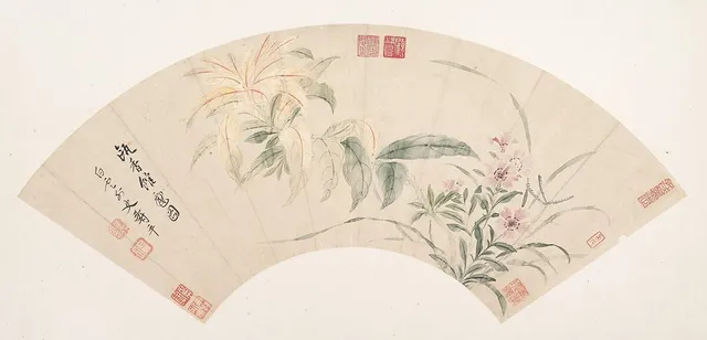 清　惲壽平　花卉圖　摺扇|Carnations and amaranthus