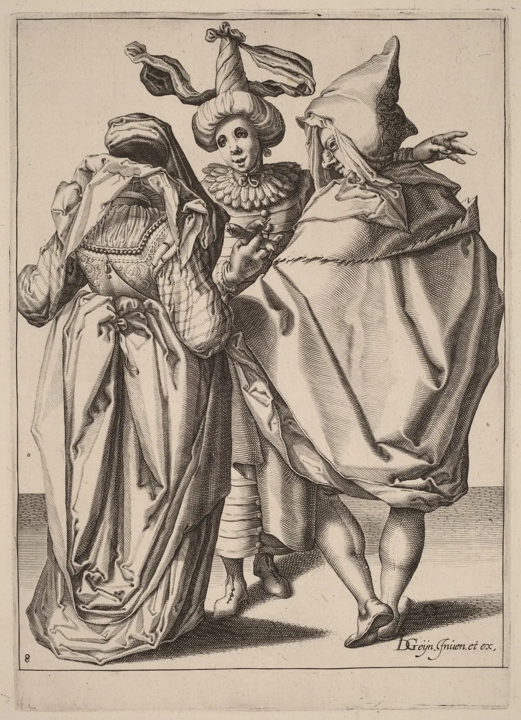 A Couple Addressing a Gesticulating Young Man, by Zacharias Dolendo, ink, 1596
