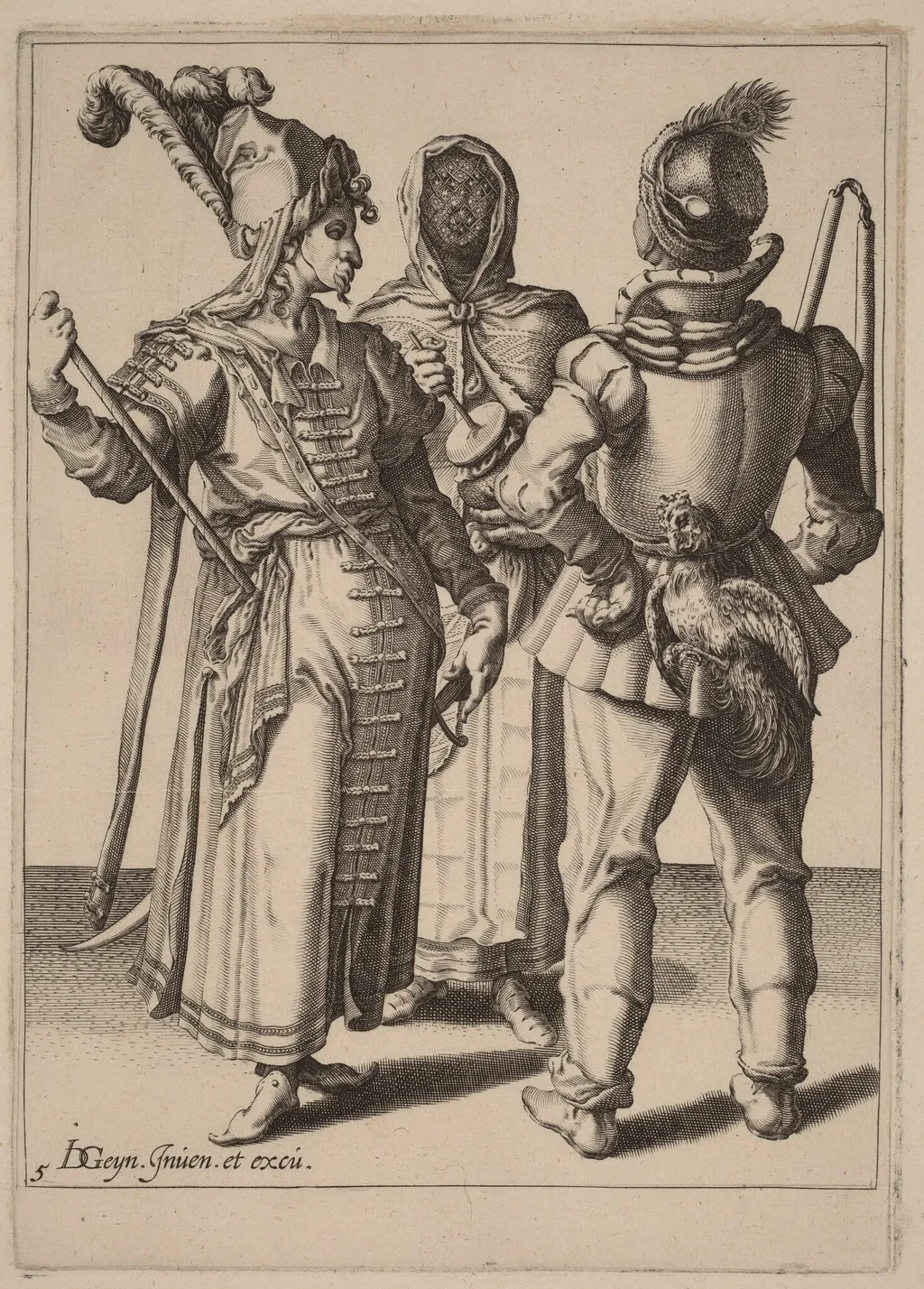 A Grandee, a Peasant, and a Veiled Woman, by Zacharias Dolendo, ink, 1596