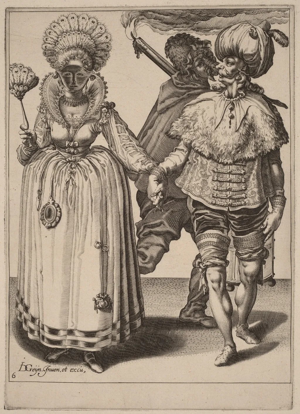 A Man with a Turban Leading a Woman Wearing Peacock Feathers, by Zacharias Dolendo, ink, 1596