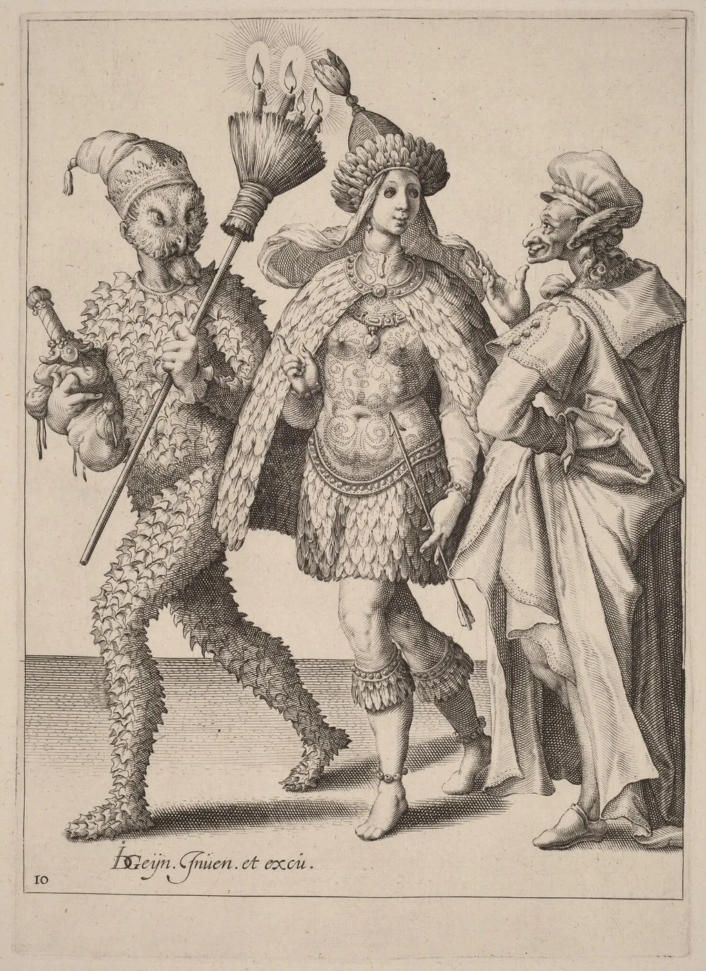 An Old Mummer Addressing a Couple Dressed in Feathers, by Zacharias Dolendo, ink, 1596