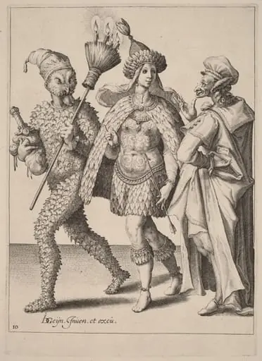 An Old Mummer Addressing a Couple Dressed in Feathers, by Zacharias Dolendo