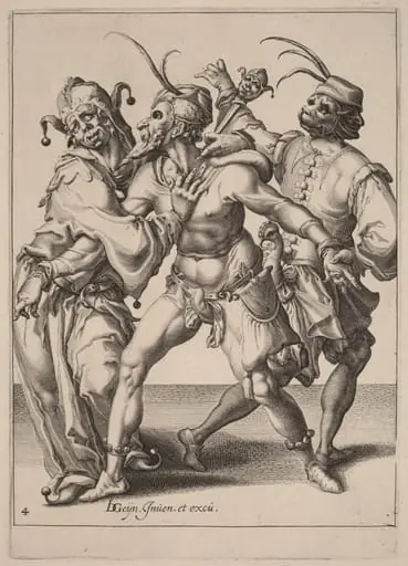 Three Dancing Mummers, Including a Jester, by Zacharias Dolendo