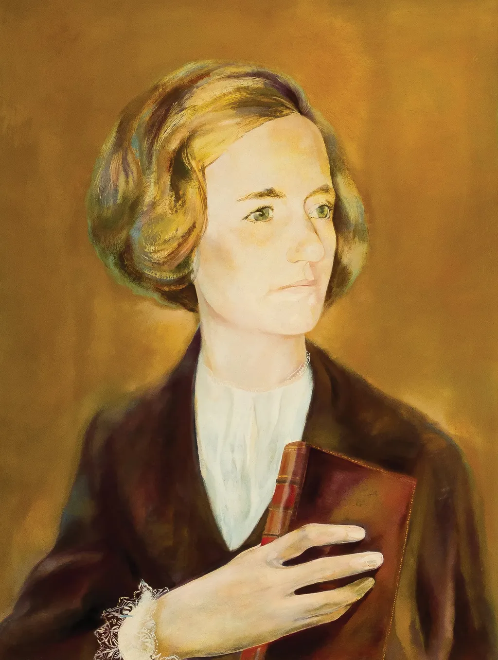 Tablou, ulei pe pânză, „Portret Elena Ceaușescu”, nedemnat, atribuit lui Zamfir Dumitrescu. Elena Ceaușescu este prezentată într-o postură contemplativă, ținând în mâna dreraptă un volum îmbrăcat în piele. Comandat și oferit de Consiliul Național al Femeilor, cu ocazia împlinirii vârstei de 60 de ani de către Elena Ceaușescu (5 ianuarie 1979)., by Zamfir Dumitrescu, 1979