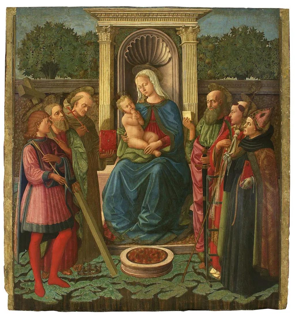 Virgin and Child Enthroned with Saints Sebastian, Andrew, Bernardino (?), Paul, Lawrence, and Augustine, by Zanobi Machiavelli, unspecified, 1458