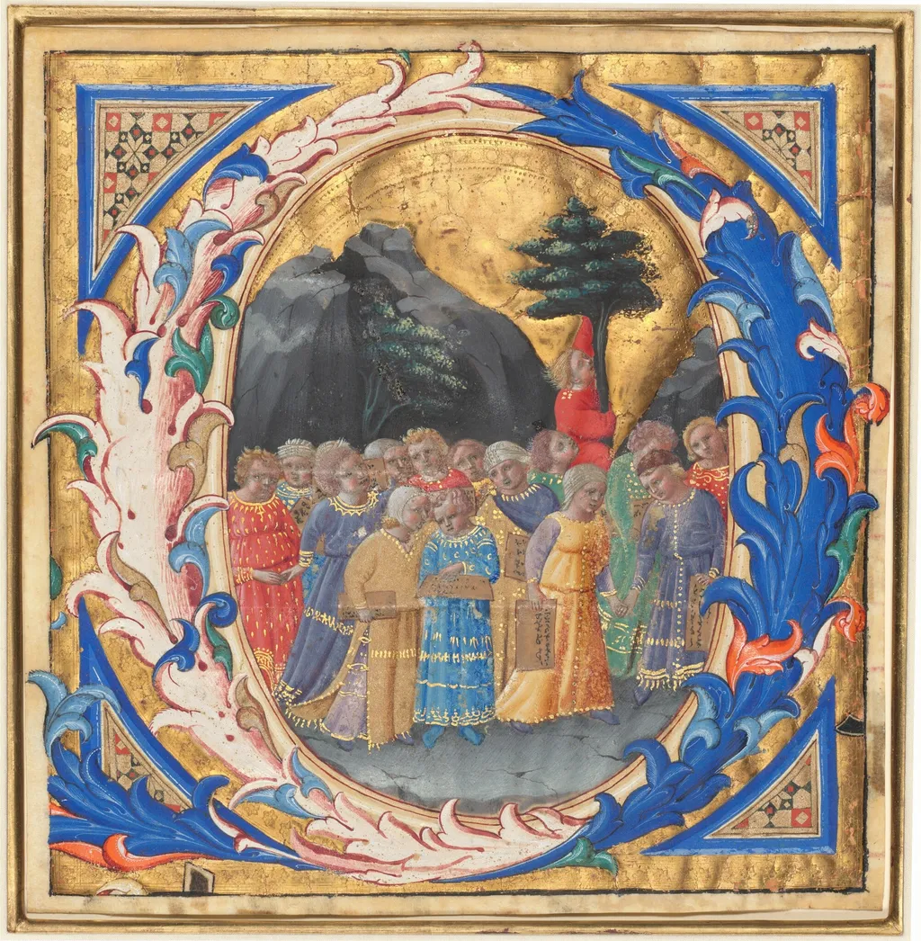 Initial Q with a Procession of Children, by Zanobi Strozzi, tempera, 1434