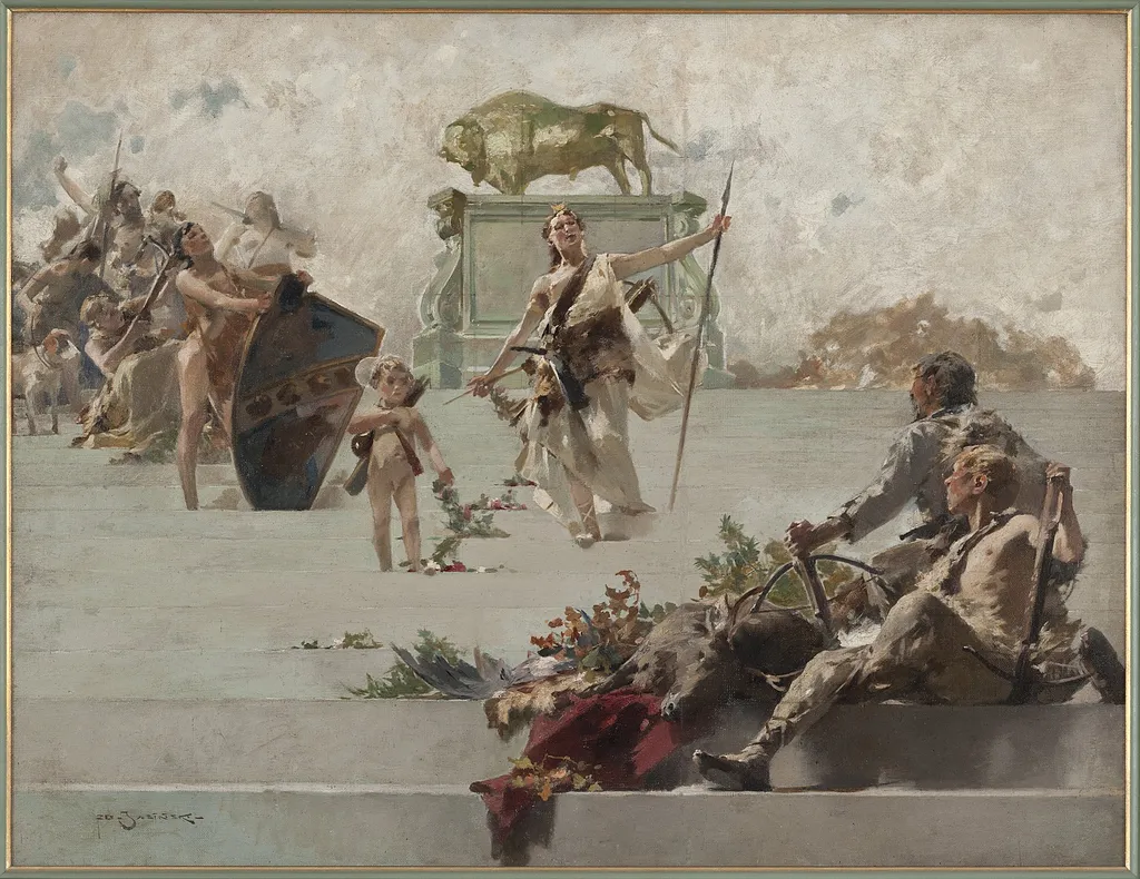 Allegory of the hunt, by Zdzisław Jasiński, oil, 1900