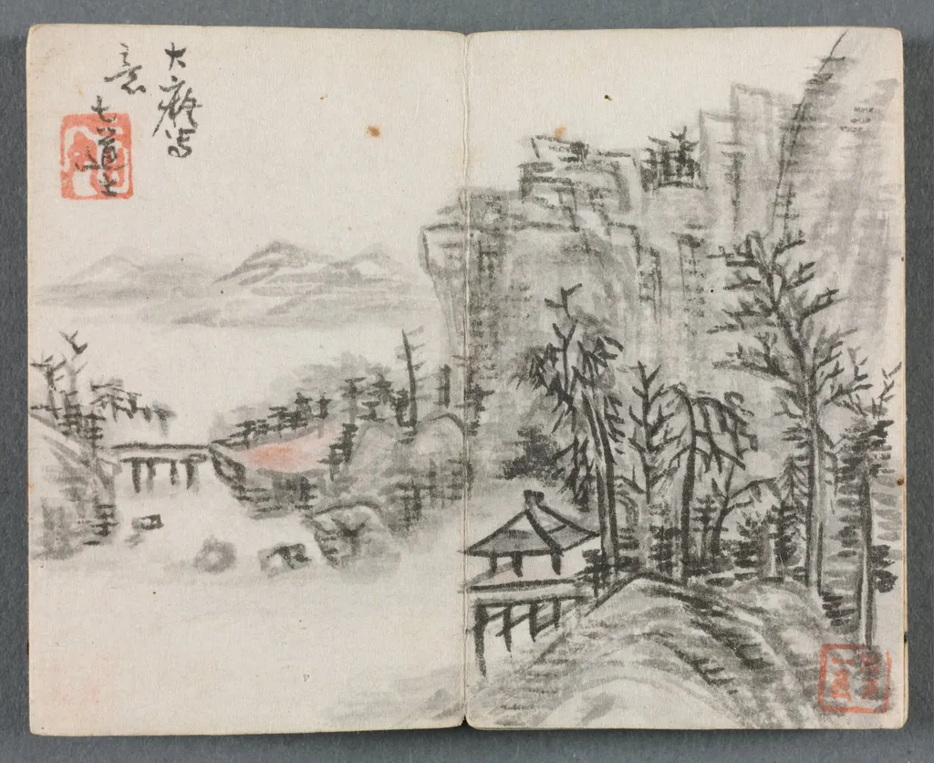 Miniature Album with Figures and Landscape (Cliff Landscape with Bridge), by Zeng Yandong, unspecified, 1822