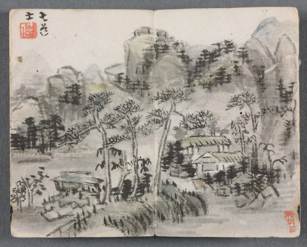 Miniature Album with Figures and Landscape (Landscape with Two Buildings), by Zeng Yandong, unspecified, 1822