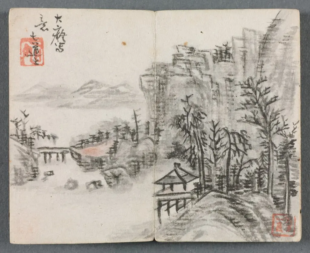 Miniature Album with Figures and Landscape (Cliff Landscape with Bridge), by Zeng Yangdong