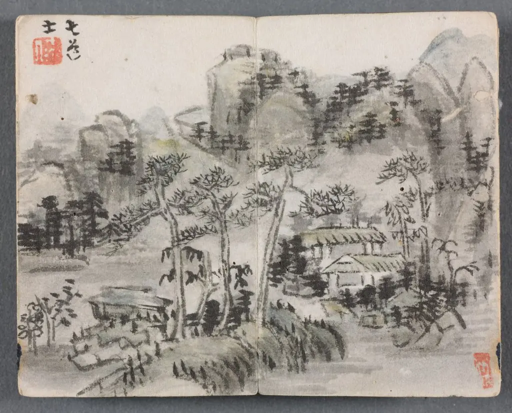 Miniature Album with Figures and Landscape (Landscape with Two Buildings), by Zeng Yangdong