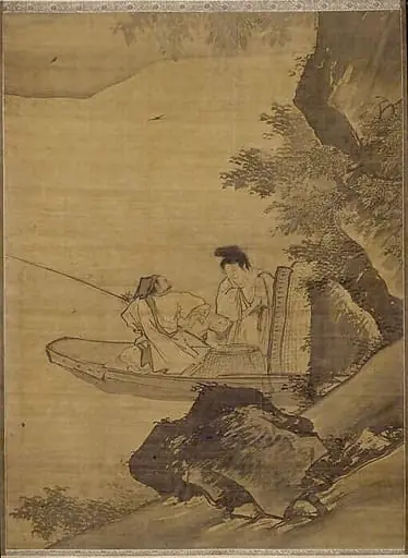 明  傳張路  溪畔漁家圖  軸|Fisherman and family