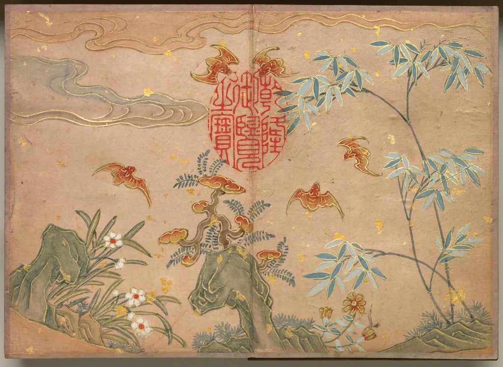Desk Album: Flower and Bird Paintings (Bats, rocks, flowers oval calligraphy), by Zhang Ruoai, unspecified, 1704