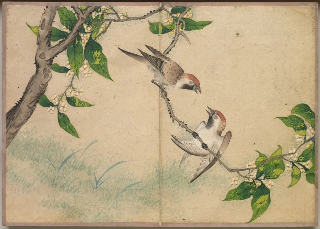 Desk Album: Flower and Bird Paintings (Gossiping Sparrows), by Zhang Ruoai, unspecified