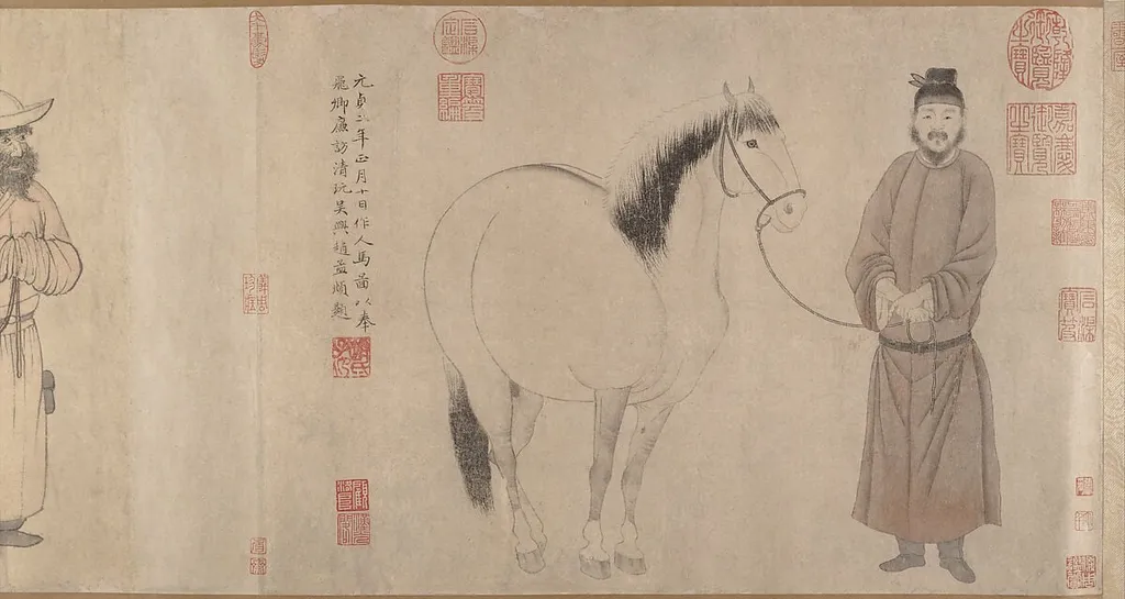 元 趙孟頫 趙雍 趙麟 吳興趙氏三世人馬圖 卷|Grooms and horses, by Zhao Mengfu, ink, 1296