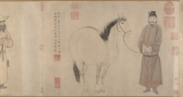 元　趙孟頫　趙雍　趙麟　吳興趙氏三世人馬圖　卷|Grooms and horses