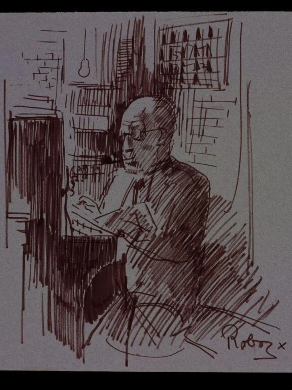 Ben Fuller, telephonist and doorman at the Windmill Theatre, drawing by Zsuzsi Roboz, by Zsuzsi Roboz, 1964