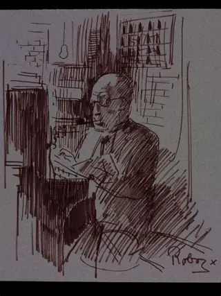 Ben Fuller, telephonist and doorman at the Windmill Theatre, drawing by Zsuzsi Roboz